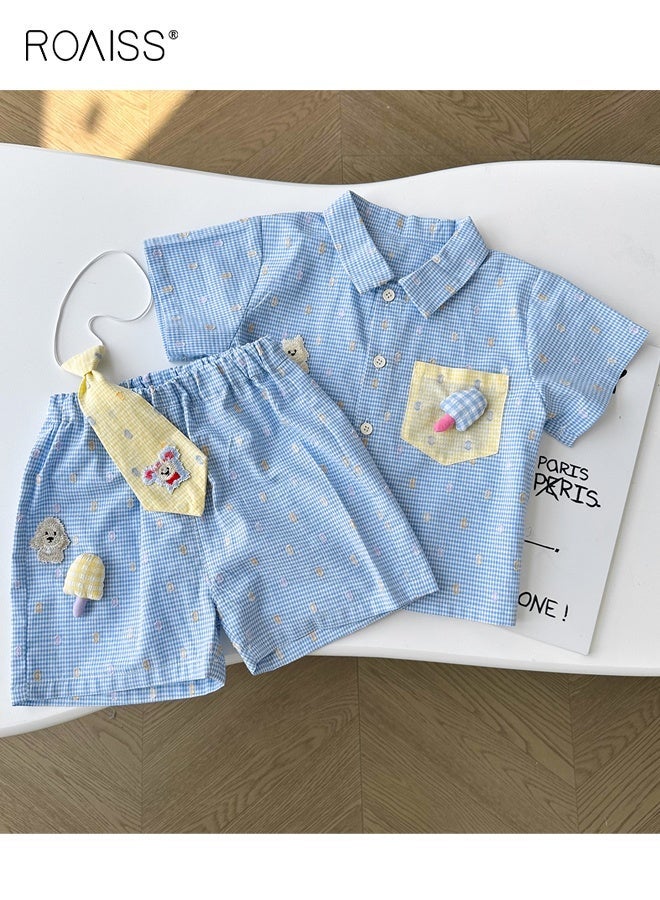 رويس طقم ملابس مريح مكون من 3 قطع للأولاد الصغار، طقم قمصان وشورتات عالية الجودة مع ربطة عنق، طقم ملابس صيفية رائعة بأكمام قصيرة بلوزة قصيرة الأكمام وبنطال قصير بخصر مطاطي - Image 3